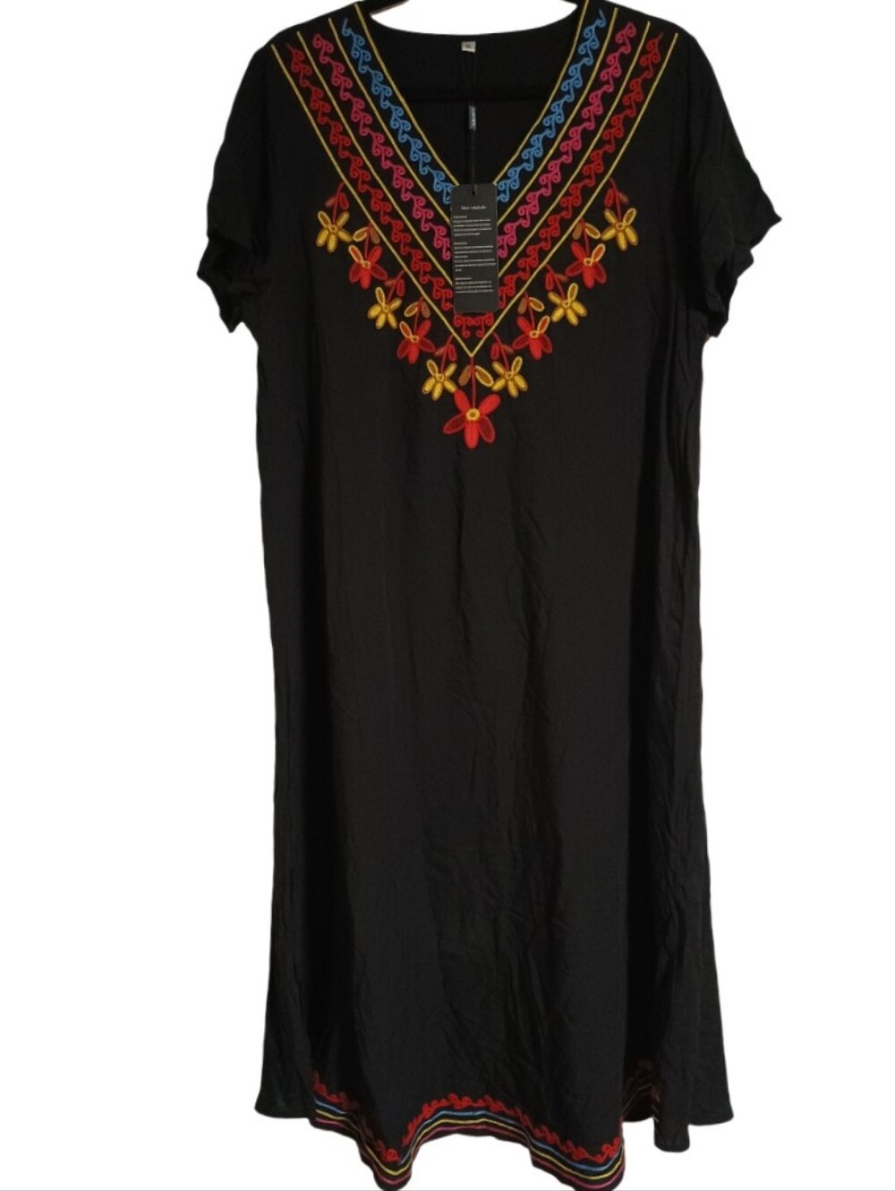 Valakado XL Black Embroidered Boho Tunic Dress Floral V-Neck Maxi NWT